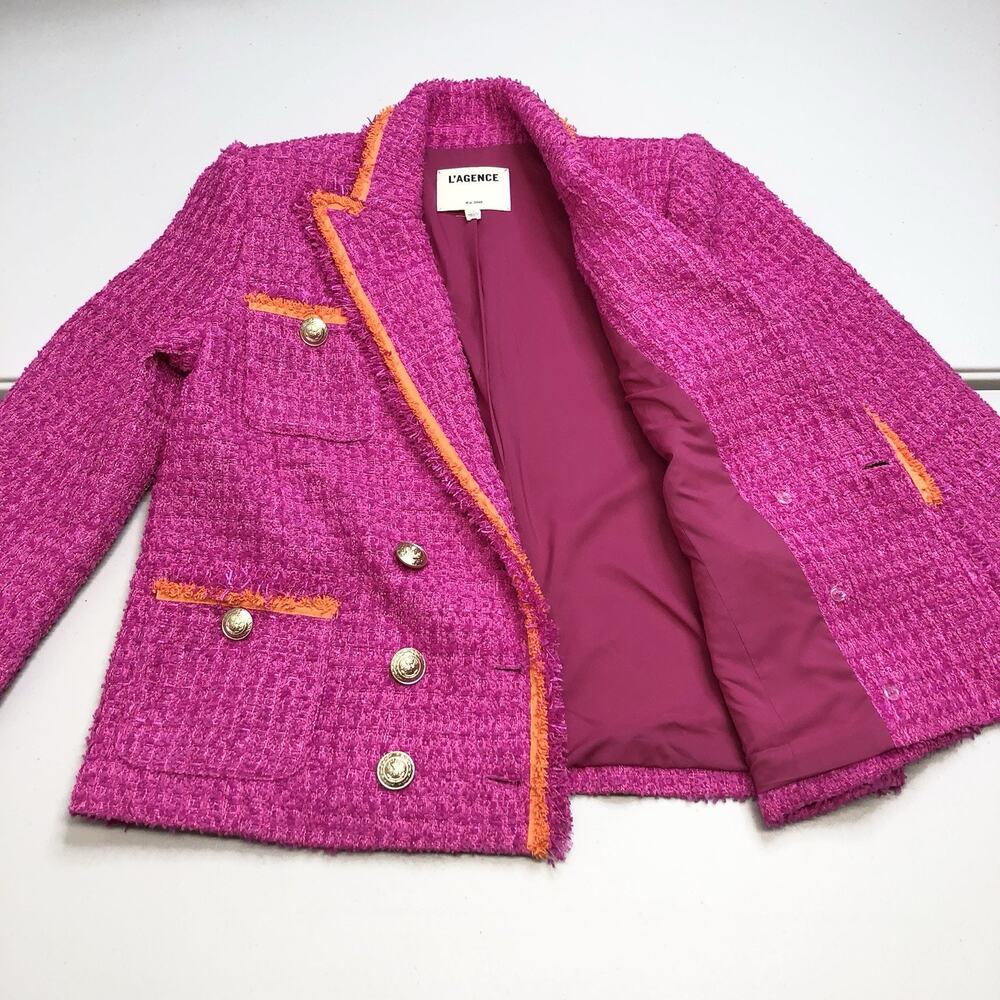 L'AGENCE Hot Pink Tweed Double-Breasted Blazer with Orange Trim - Picture 3 of 13